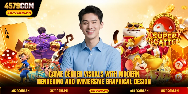 Game center visuals with modern rendering and immersive graphical design